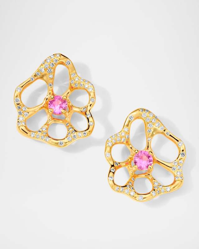 18K Gold Stardust Drizzle Flora Medium Diamond Stud Earrings with Pink Sapphires